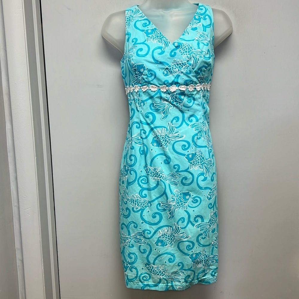 Lilly Pulitzer STACI Dress White Label Havana Blue “Marigold Fish” Size 2